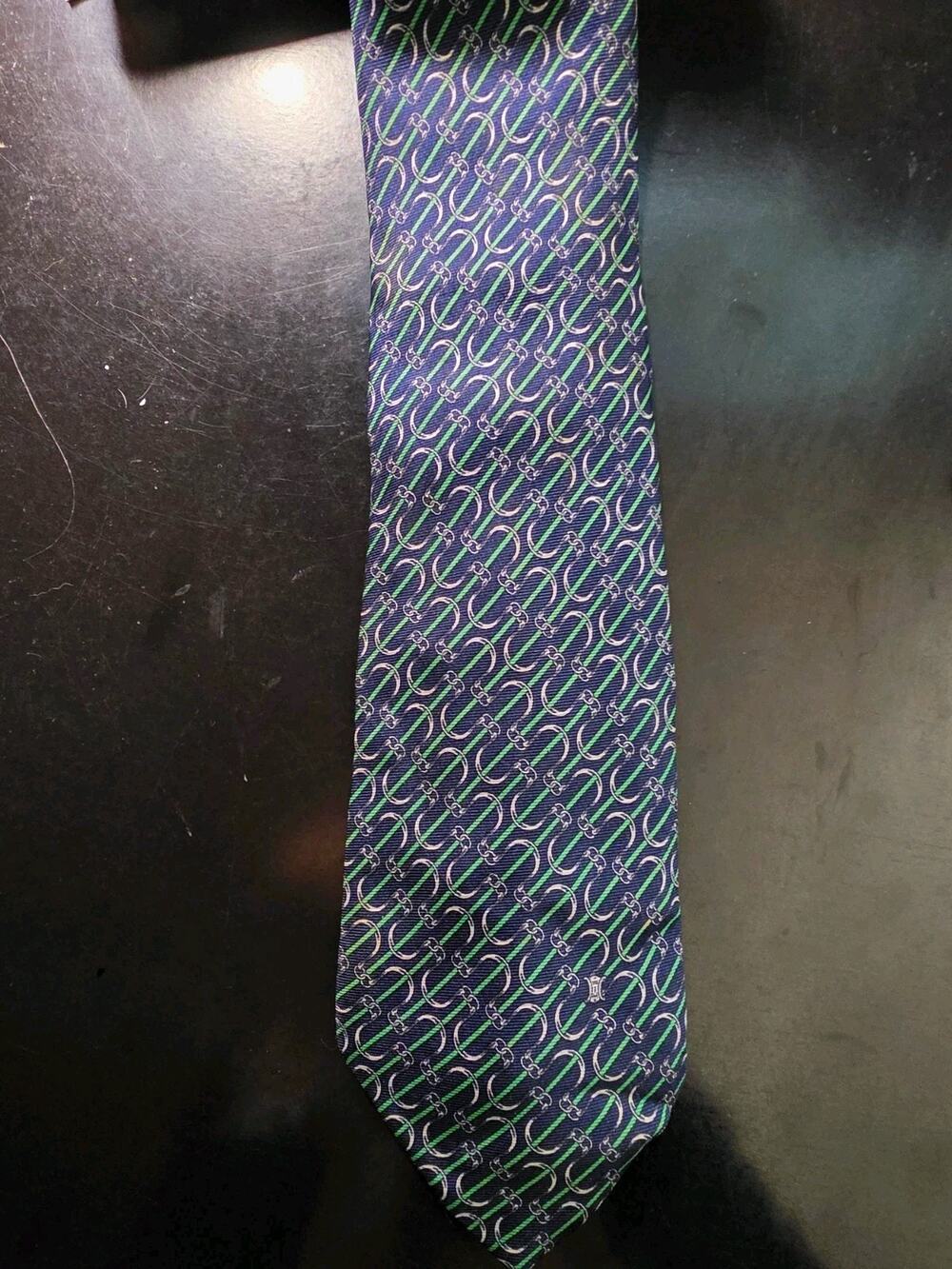 Vintage CELINE Paris Luxury Blue Green Geometric 100% Silk Tie